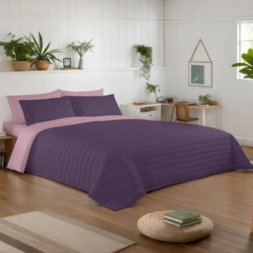 NATURALS - Colcha Bouti Reversible Bicolor | Cama 90/105 (180x260 cm) | Microfibra Extrasuave | Cubrecama Acolchado a Líneas | Ideal Primavera y Verano | Berenjena/Rosa Viejo
