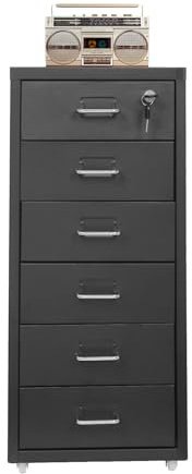 6 Drawer Filing Cabinets with Lock, Metal Vertical File Storage Cabinet,Moblie Office File Cabinet with Wheels,Rolling Metal Filing Storage Cabinets,Locking File Cabinet for for Home Office (Black)