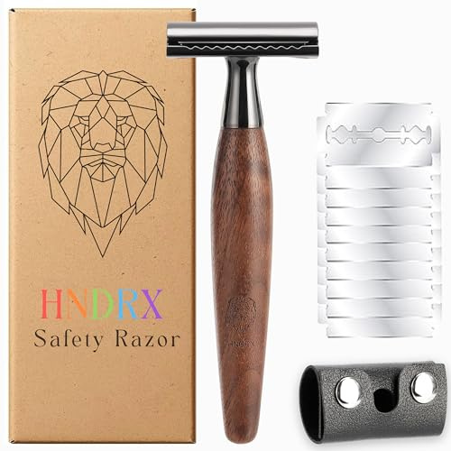 Rasierhobel Herren Safety Razor Damen Nassrasierer aus Walnussholz 30° Winkel inkl. 10 Japanische Rasierklingen & Leder-Klingenschutz (Walnut Havana)