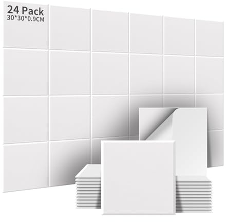 AsmeSonic 24 Bit Akustikpaneler Självhäftande, Akustikpaneler Ljudabsorberande Hög Densitet, Akustisk Behandling och Väggdekoration för Inspelningsstudio, Gaming Dekor och Studio, 30x30x0.9cm, Vit