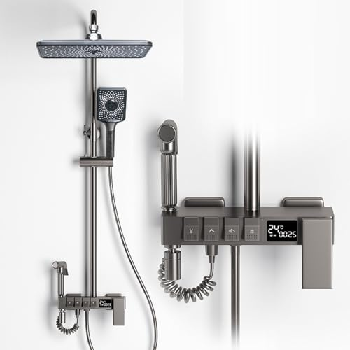 Bagno acqua calda e fredda rame quattro velocità sovralimentato intelligente temperatura costante display digitale doccia set, placcato acqua spazzolato grigio caldo e freddo