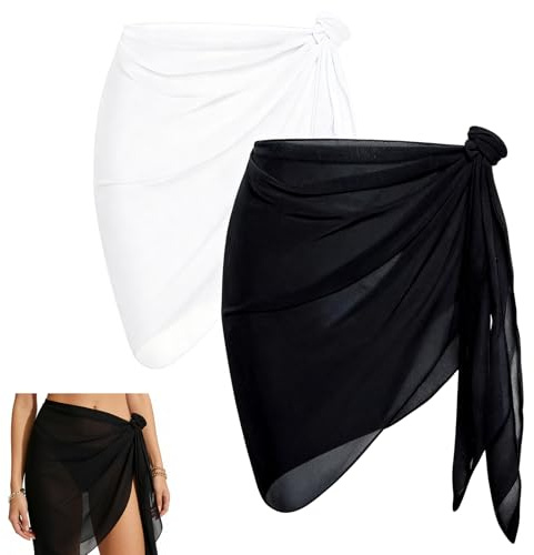 2 Pièces 50x180CM Wrap De Plage Femmes, Cache-Maillot en Mousseline, Noir & Blanc Court Bikini Jupes Wrap, Couverture De Bikini, Pareo Femme Plage, Cache-Maillots Et Sarongs