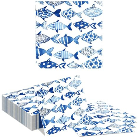 Tapufitil Servilletas De Papel con Peces Azules 40 Unidades, Diseño Acuarela con Peces En Tonos Azul Y Blanco, 33x33cm Servilletas Desechables para Fiesta De Verano Y TEM