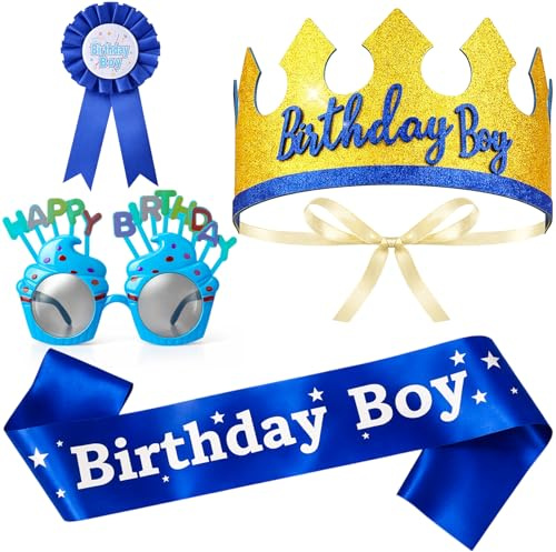 GSrenyu 4 Pcs Blue Birthday Decoration Set with Sash Tiara Badge | Headband Glasses Party Dress Up for Boys Teens Men Kids