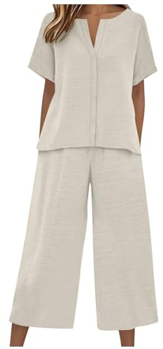 Completi Donna Leggeri Estiva Completo Elegante Casual Curvy Tute Blusa Tasche Completi Comodo Morbido Camicia Scollo V Vita Pantaloni Gamba Larga Tinta Unita Due Pezzi Tuta Taglie Forti Spiaggia