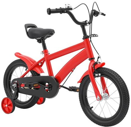 Pinuox Bicicletta per bambini da 14 pollici, con ruote di sostegno, manubrio e sella regolabili in altezza, per ragazzi e ragazze di 3-8 anni, colore rosso