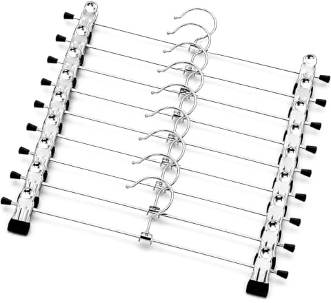 Flatro Skirt Hangers with Clips (Pack of 9) Adjustable Width Hangers for Trousers with Rotatable Hook | Chrome-Finished Trouser Hangers for Men & Women Bottom Wear with Anti-Slip Rubber End Caps