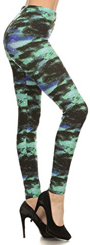 Leggings Depot High Waisted Floral & Space Print Leggings for Women-Full Length-R554, Green Galaxy, One Size