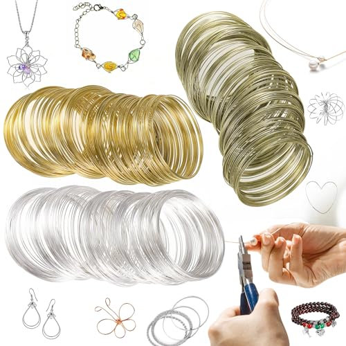 dcas 3 Stücke 100 Schleifen Schmuckdraht Set, Silber Schmuck Memory Beading Draht, Schmuck Handwerk Draht, Diy Schmuck Machen Draht, Schmuckdraht Aluminiumdraht, 6mm (Gold, Silber, Altes Cyan)