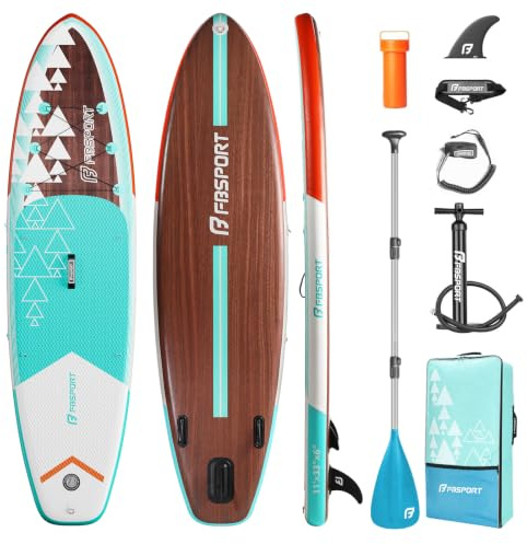 FBSPORT Tavola da SUP Gonfiabile SUP, Stand Up Paddling Board, Stand Up Paddle Board Gonfiabile per Stand Up Paddling 15CM Spessore, Surf con Alluminio Regolabile SUP Paddle + Pompa(Brown Teal)