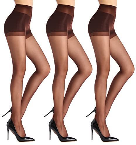 WAJIAFAR 3 Pack Women's Sheer High Waist Tights with Support and Reinforced Toes Pantyhose (Chocolate, L)