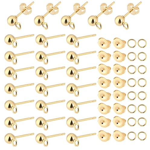 PH PandaHall Clous d'oreilles en Or 18K, 100pcs Boucle d'oreille Boule avec Boucle Composants de Boucle d'oreille en Acier Inoxydable avec Anneaux Ouverts Écrous d'oreille pour Été Création de Bijoux