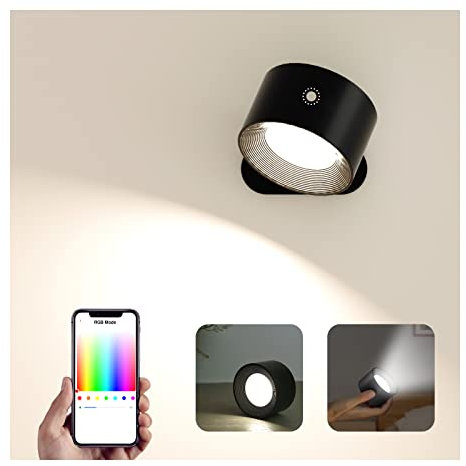Feallive LED Wandleuchte Innen, Wandlampe mit Akku 1 Stück,Touch Control 3 Helligkeitsstufen, 360° drehbare, für Wohnzimmer Schlafzimmer TreppenhausFlur kabellose wandleuchten (Schwarz+Buntes Licht)