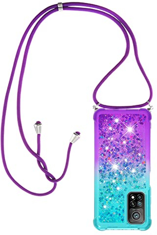Paekear Halsband för Xiaomi Mi 10T / 10T Pro silikonskal, flytande glitter flickor kvinnor fodral, axelgnista och snodd halsband med justerbar snodd ficka, blå och lila