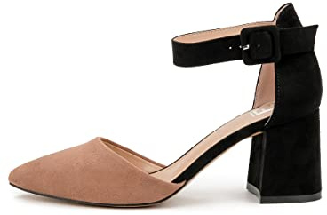 Dampumps, svart/grå/marinblå/vinröd, 7,5 cm blockklack, extra komfort, svarta dampumps med rem, mockaimitation, rempumps, H1877-A-0142-1, svart beige, 38 EU