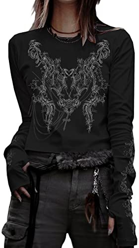 Camisa gótica para mujer, manga larga, vintage, con estampado cruzado, cuello redondo, estética, delgada, recortada, ropa grunge, C, M