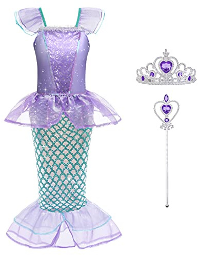 ACWOO Deguisement Robe Princesse Ariel Costume de Sirène pour Enfant Fille, Ariel Robe Inclus Couronne avec Baguette Magique, Deguisement Sirene pour fête d'anniversaire Halloween Carnaval (120CM)