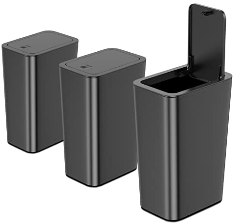 NetDot N Paquete de 3 botes de basura para baño de 10 L/2.6 galones con tapa, cubo de basura pequeño para cocina con tapa tipo prensa, cubo de basura negro, cubos de basura delgados, cubo de basura