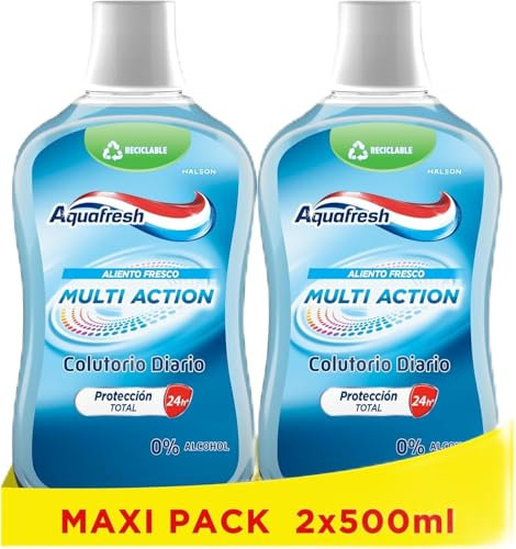 Aquafresh Multi Action Colutorio Diario Antibacteriano, Enjuague Bucal que Fortalece el Esmalte y Previene las Caries, Pack 2x500 ml