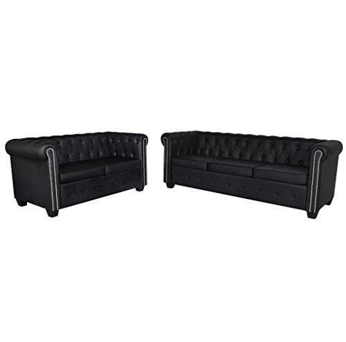 GuyAna Sofás Chesterfield de 2 y 3 plazas Cuero sintético Negro Sofa Recibidor SofáS Cama Sofa Vintage