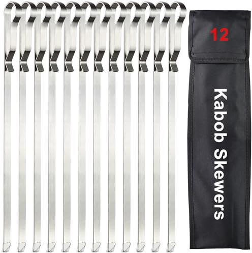 17 Inch Kabob Skewers, AIMEIKI Stainless Steel Skewers for Grilling Long Flat Metal Kabob Sticks, Reusable BBQ Barbecue Skewers for Kabobs Meat Chicken Shrimp Vegetables, 12 Pack with Storage Bag