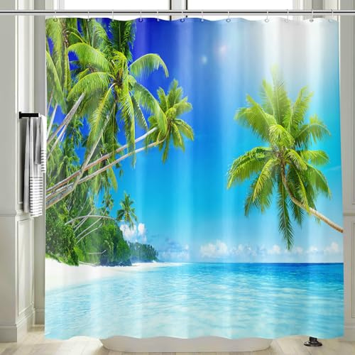 Vgzsyomqib Strand Meer Duschvorhang 240x200 Extra Breit Anti Schimmel Wasserdicht für Badewanne Stoff Shower Curtains 3D Insel Grün Palmen Blau Ocean Motiv Duschvorhänge Waschbar Textil