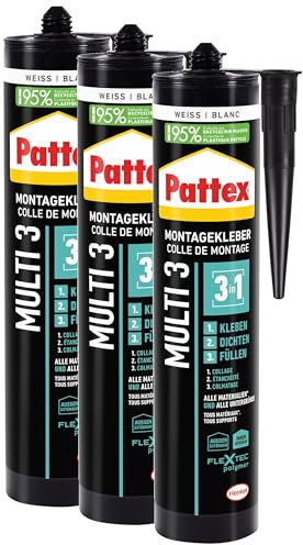 Pattex Montage Multi 3, 3in1 Montagekleber, starker Kraftkleber für fast alle Materialien*, wetterbeständiger Baukleber für innen und außen**, weiß, 3x390g Kartusche