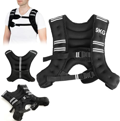 KOMFOTTEU Gilet di Peso 5/9/15 kg Zavorrato in Neoprene per Allenamenti, Corsa Con Strisce Riflettenti e Cinghie Regolabili, Nero (9 kg)