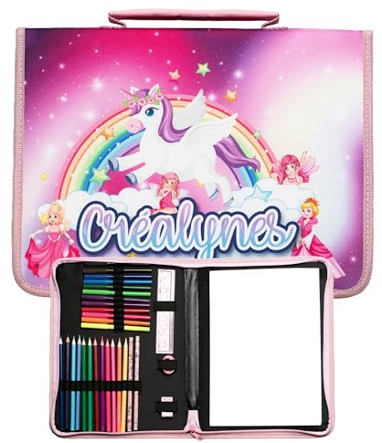 créalynes Einhorn-Zeichentasche – vollständiger Zeichenkoffer mit 12 Buntstiften, 12 Markern, Radiergummi, Anspitzer, Lineal, 2 grauen Bleistiften und Skizzenbuch, grün