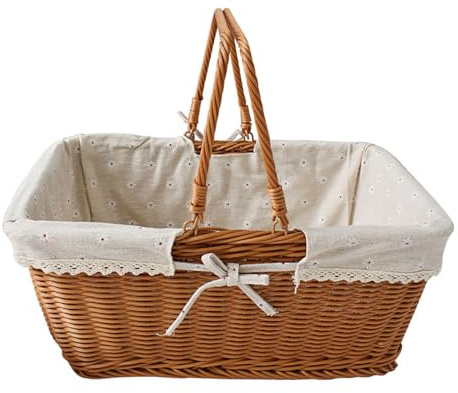 RT&BS Panier de Pique-Nique en Osier avec Doublure, Panier à provisions en Osier avec Poignées, Paniers de Récolte, Panier Tressé à la Main pour Shopping, Pique-Nique, Récolte, Stockage (P)