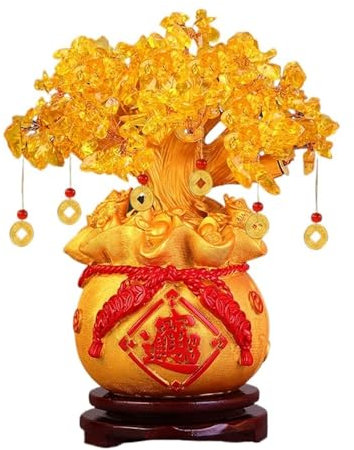 Skrivbordsdekoration Feng Shui Citrin Kvarts Kristall Pengaträd Bonsai Style Dekoration for Fortune Pengar Lycka Till Rikedom Välstånd och framgång Citrin Ädelstensträd Skrivbordsdekorationer(Gold)