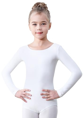 Soudittur Ballettanzug Mädchen Langarm, Kinder Ballett Trikot Baumwolle Ballett Body TanzBody Gymnastikanzug Turnanzug für Damen Größe 110-170 (Weiß, 120)