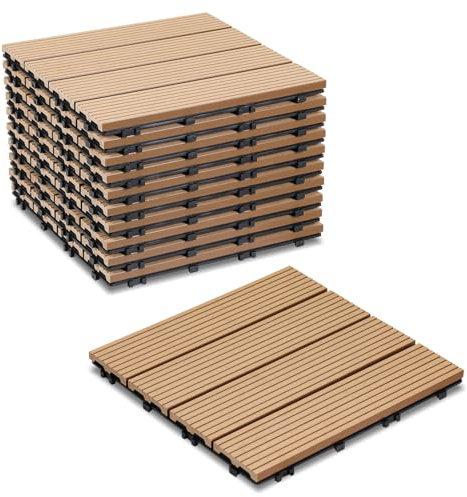 Cecaylie Lot de 11 dalles de terrasse WPC en teck - 30 x 30 cm - 1 m² - Idéal pour l'extérieur - Pour balcon, jardin, terrasse, revêtement de sol - Installation simple, rapide et pratique