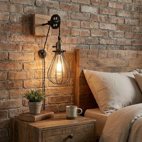 Alpinaluz Aplique de Pared Vintage FRUSTA – Lámpara Retro con Jaula de Hierro y Polea Ajustable, Casquillo E27, Cable con Enchufe e Interruptor – Diseño Clásico para Dormitorio, Sala o Comercio