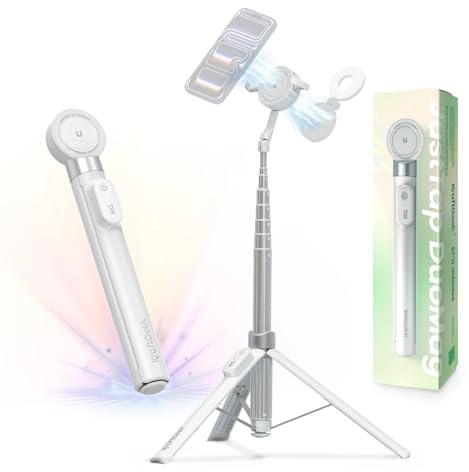 KraftGeek 170cm Duo-Magnet Handy Stativ Kompatibel mit MagSafe, Automatischer Selfie Stick mit Fernbedienung für iPhone, Ausziehbares Tripod Stativ für Smartphone Kompatibel mit Samsung/Android, Weiß