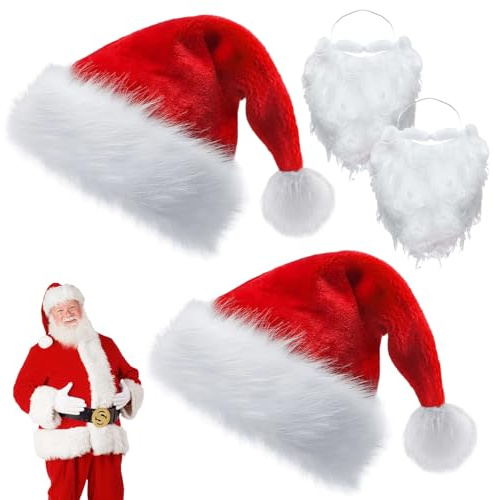 AYNKH 2 Pack Bonnet de Noël Adulte,Christmas Hat for Unisex Adults Classic Velvet Comfort Extra Xmas Holiday Hat Thicken Santa Claus Fancy Dress Accessory for Christmas New Year Party