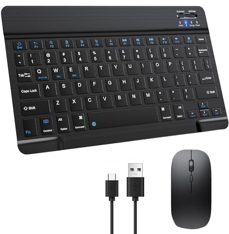 Bluetooth Keyboard and Mouse Set, Ultra Slim 2.4G Wireless Silent Keyboard and Mouse Combo, Rechargeable Portable 10-inch Keyboard with 12 Multimedia Shortcuts for iPad/Mac/Windows/Android, Black