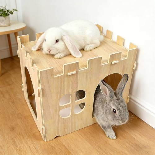 Vurixfo Wooden Rabbit House and Hideout, Large Bunny Castle Detachable Bunny Play House Guinea Pig Wooden House Rabbits Hideaway for Indoor Hamster Hedgehog Rabbits Chinchilla Habitat, 40x30x30cm