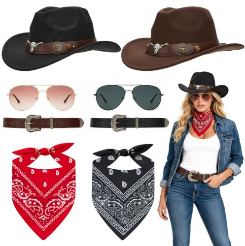 Iyxeo 8Pcs Unisex Western Cowboy Cowgirl Outfit Set, Wild West Fancy Dress Costume Accessories with 2 Hats, 2 Bandanas, 2 Belts, 2 Sunglasses for Men Women, Halloween Rodeo Cosplay Theme Party