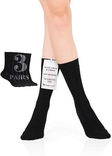 Hugh Ugoli Women Rayon Dress Socks, Extremely Soft Thin Crew Socks for Business, Trouser & Casual, Non-Binding & Breathable, Black, 3 Pairs, Shoe Size: 9-12