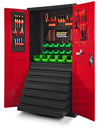 Jan Nowak by Domator24 Werkzeugschrank TC007 Werkstattschrank Garagenschrank Universalschrank Lagerschrank Pulverbeschichtet Flügeltüren Stahlblech 185 cm x 92 cm x 50 cm (anthrazit/rot)