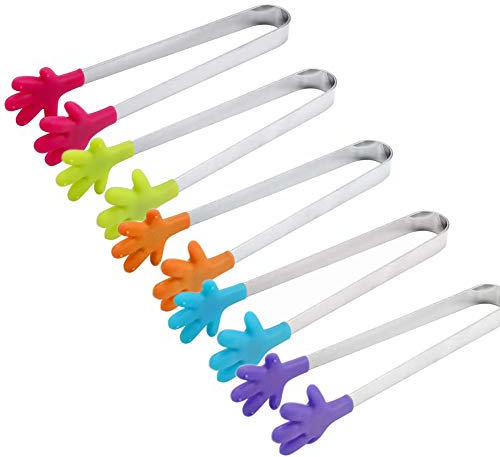 Confezione da 5 mini pinze per ghiaccio da zucchero, in acciaio inox, con forma a mano antiscivolo, in silicone, per lingue da cucina, raccoglitori e clip per ghiaccio (colore casuale) (palma piccola)