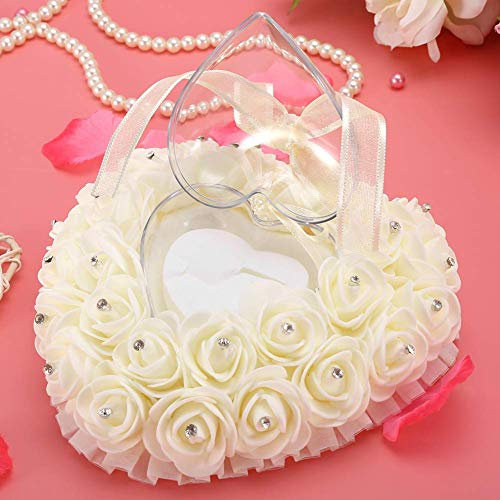 Romantic Heart-shaped Wedding Box Rose Rhinestone Decor Pillow Cushion for Case Bearer(Beige)