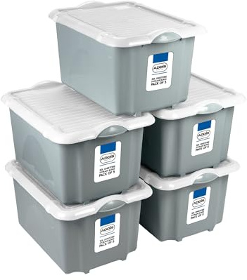 Addis 30 litre Eco Grey Plastic Unistore Storage Boxes Made in the UK from Recycled plastic, with clip lock lid and base, Pack of 5, tough reliable stackable nestable, Grey Clear