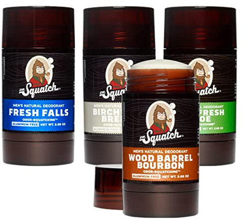 Dr. Squatch Natural Deodorant for Men – Odor-Squatching Men's Deodorant Aluminum Free - Birchwood Breeze, Cool Fresh Aloe, Fresh Falls, Wood Barrel Bourbon (4 Pack)