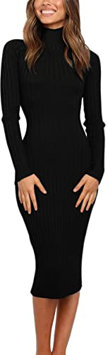 MEROKEETY Women's Long Sleeve Sweater Dress 2025 High Neck Slim Fit Ribbed Knit Midi Winter Dresses, Black XS