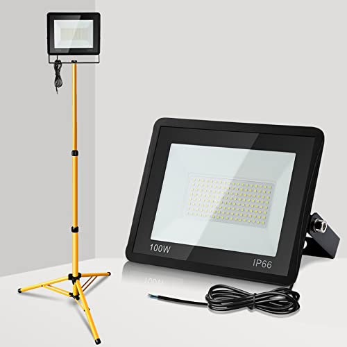 Yakimz Projecteur de chantier LED avec trépied, 100 W, étanche IP66, avec câble de 1 m, 6000 K blanc froid 8500 lm, lampe de chantier, projecteur de travail pour cave, hangar, entrepôt, pas de prise