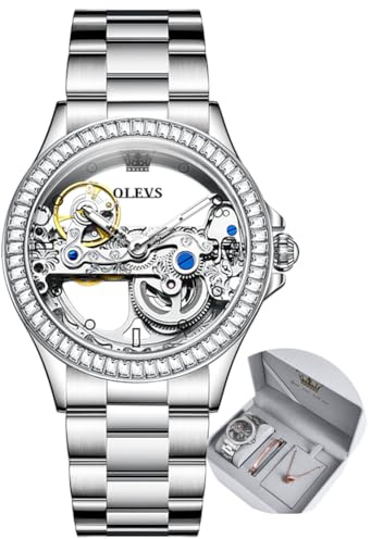 OLEVS Women Watch Skeleton Set Automatic Mechanical Silver Stainless Steel Luxury Dress Waterproof Luminous Lady Watch Gift Set