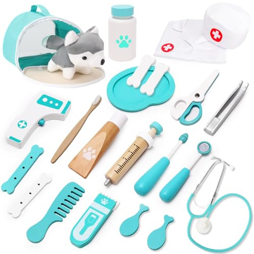 Arztkoffer Kinder Holz, Tierarzt Spielzeug Kinder mit Hundemodell, Doktorkoffer Kinder mit Arztkittel und Hut, Tierarztkoffer für Kinder Rollenspiel Kinder Arztkoffer ab 3 4 5 Jahre