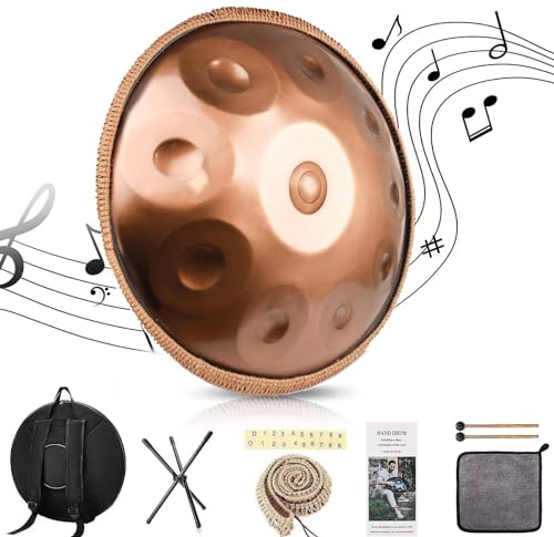 Handpan 22 Pulgadas 9/10/12 Notas Tambor de Acero, 440 Hz Re Menor Percusión de Tambor Golden Handpan para Sanación con Sonido, Yoga (Gold, 10 Notes)